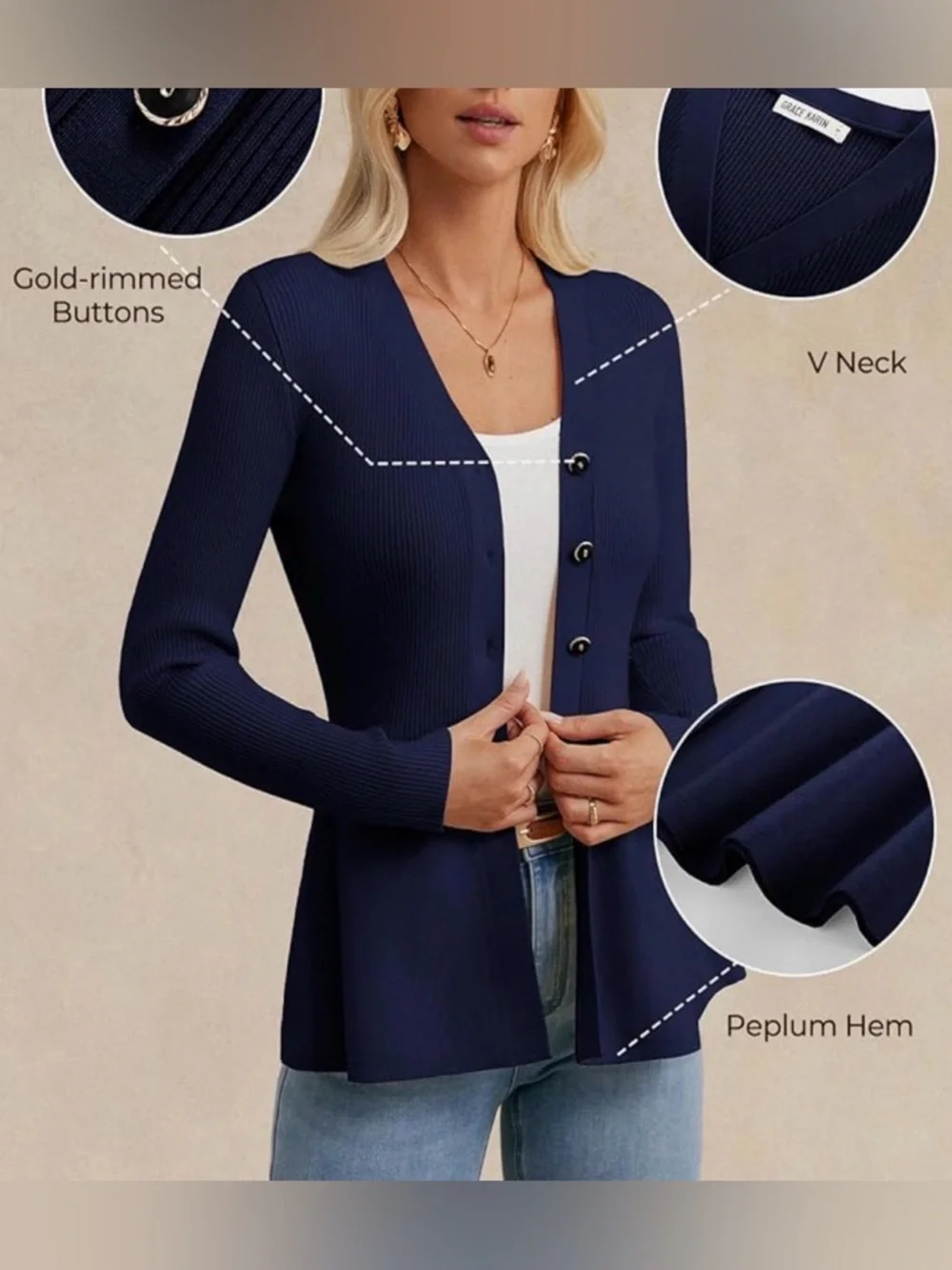 Navy Ribbed Peplum Button Front Top - Picture 2 of 4